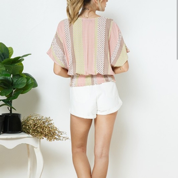 Blue B Collection Dolman Wrap Smocked Waist Crop Top Size Medium Pink Tan - Picture 3 of 13